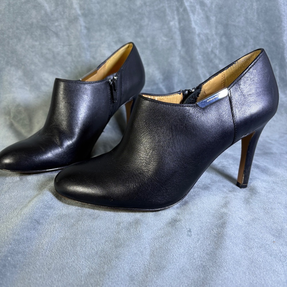Coach Seneca Black Leather Stiletto Ankle Booties Side Zip Heels Sexy Size 7B